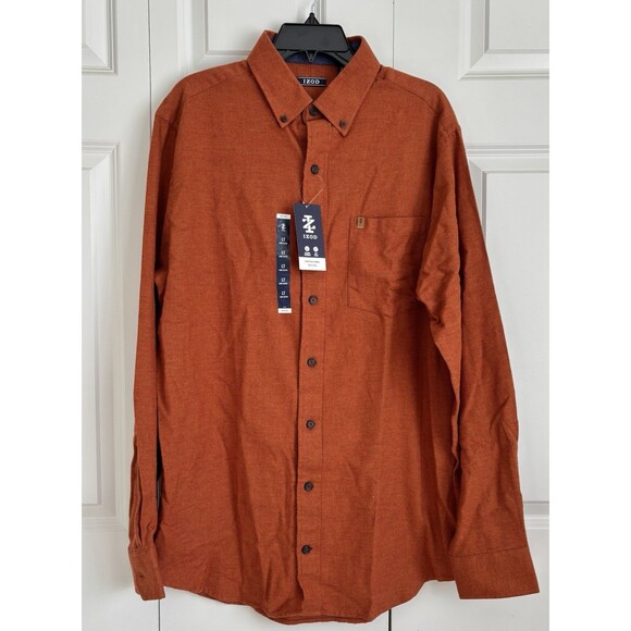 IZOD SHIRT MENS LARGE FLANNEL BURN ORANGE BUTTON DOWN COLLARED NECK LONG SLEEVE - Picture 1 of 7